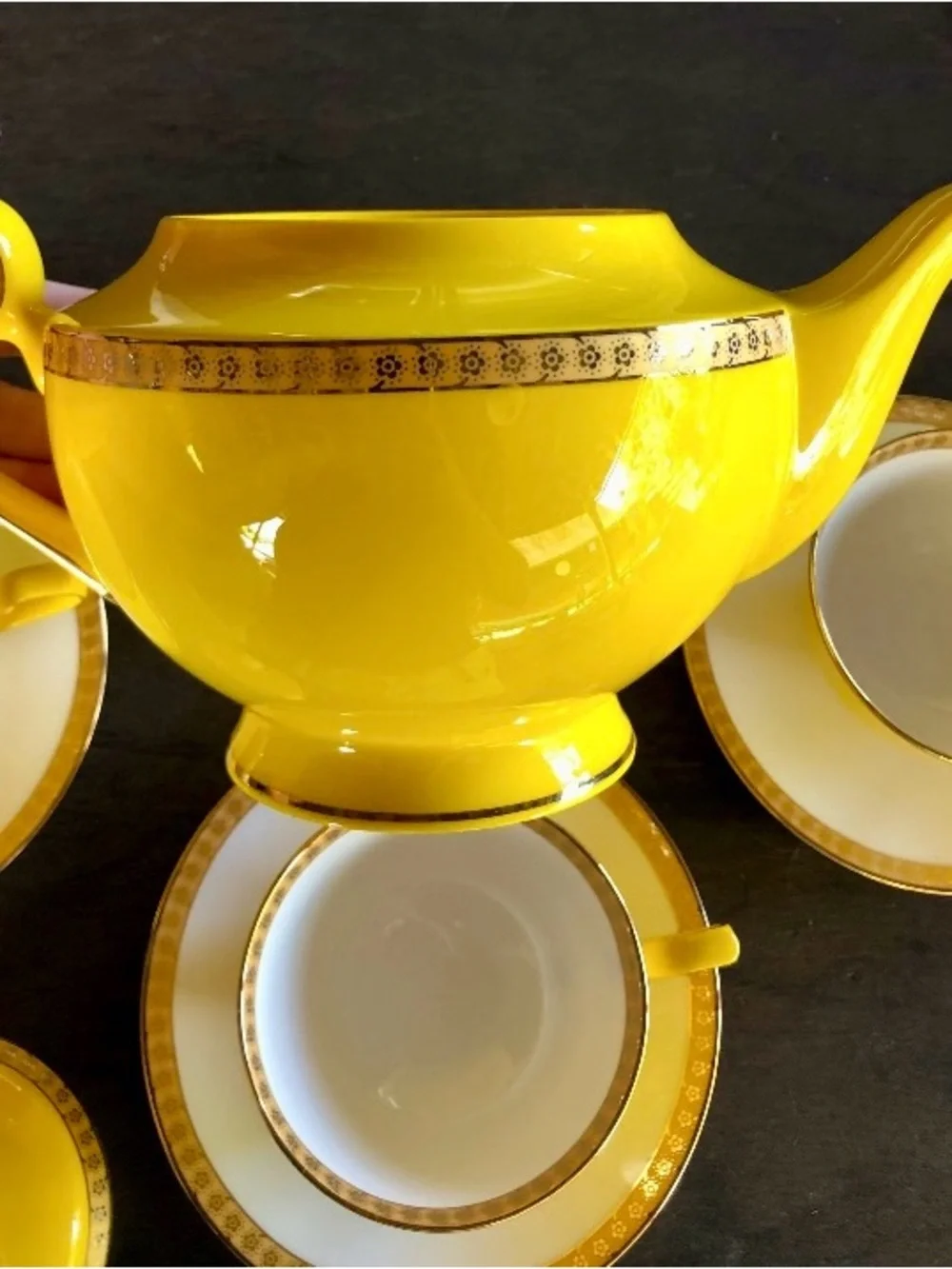 Rare Teavana Noble Poppy Yellow Bone China Tea Set 9 Pc 14k Gold